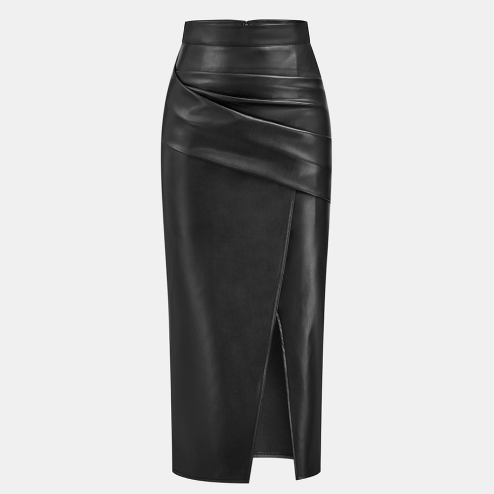 Commense Ruched Faux Leather Midi Skirt — Size 6 (NWOT)